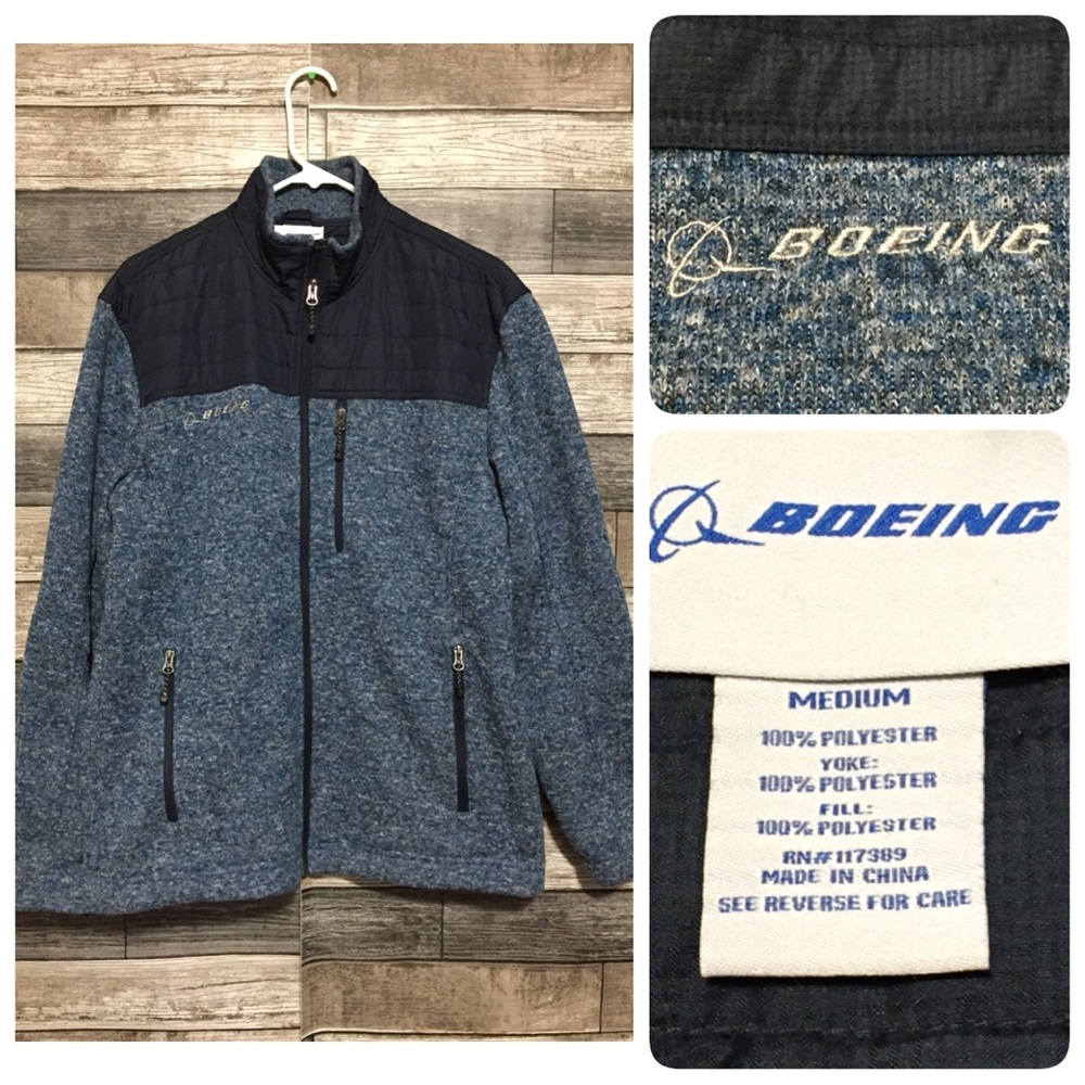 Boeing Fleece Full Zip Jacket Men’s M Blue Zip Pockets Marled